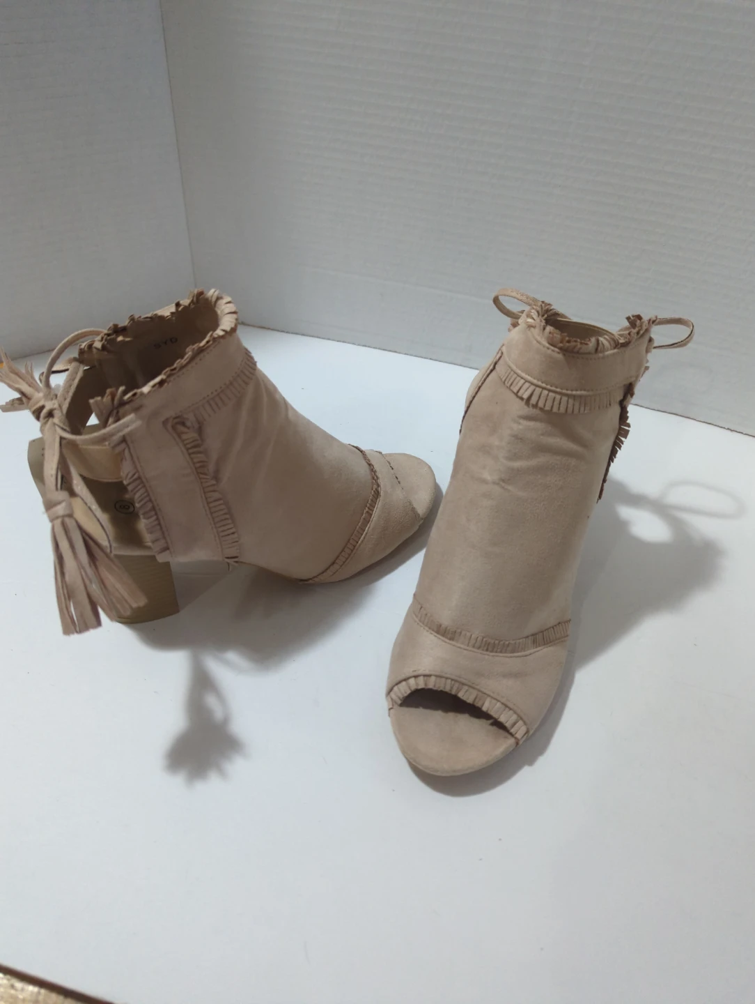 Beige Peep Toe Heeled Booties with Tassels and Fringe - photo 2