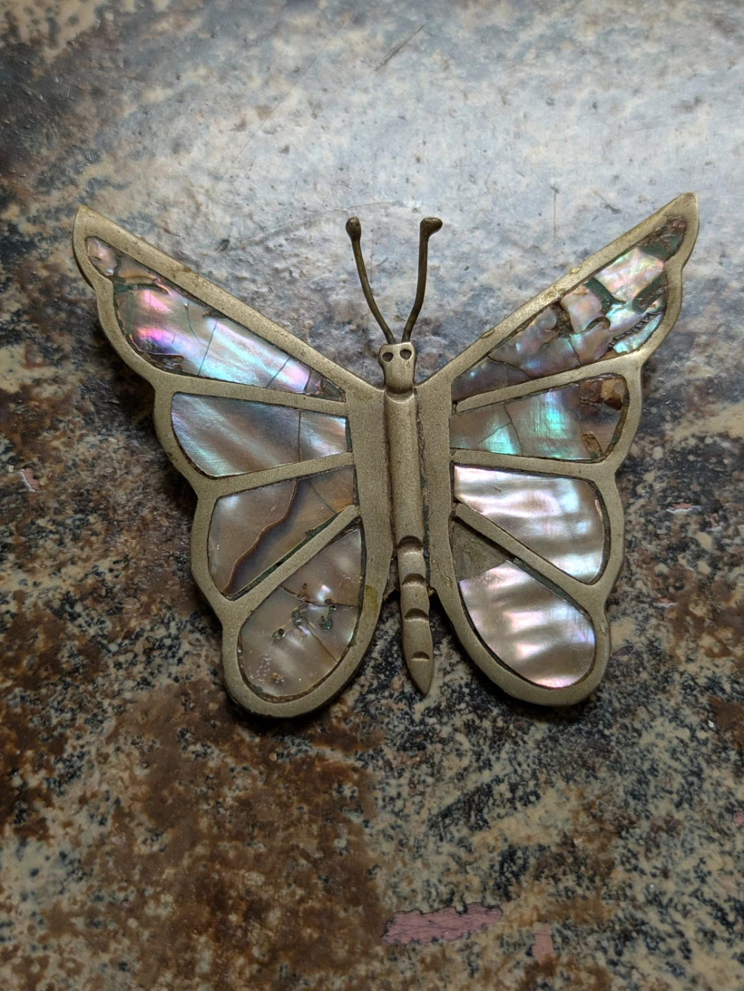 Vintage Mexican Butterfly Brooch with Mother of Pearl Inlay