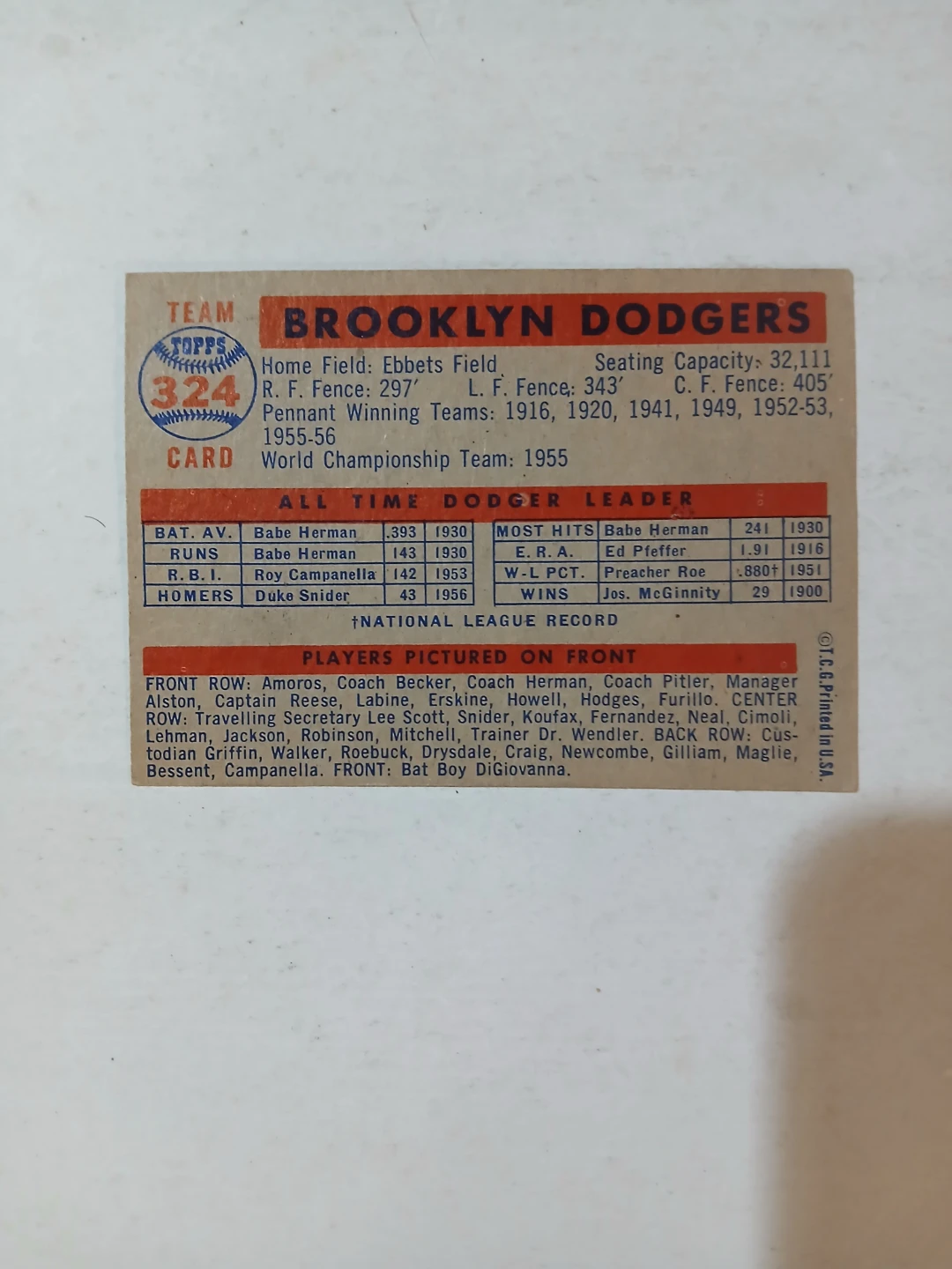1957 Topps Brooklyn Dodgers Team - photo 2
