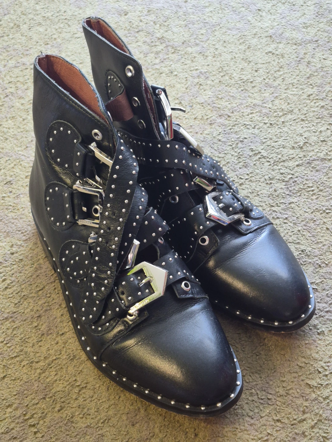 Givenchy Black Leather Studded Buckle Ankle Boots