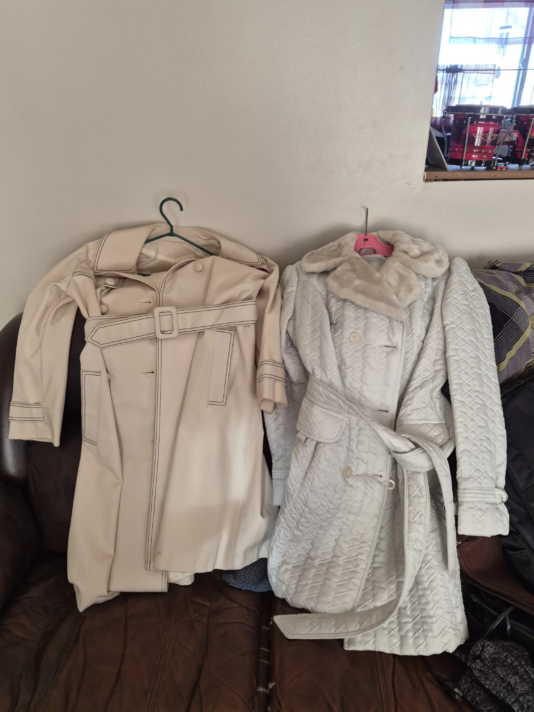 White Quilted Trench Coat with Faux Fur Collar