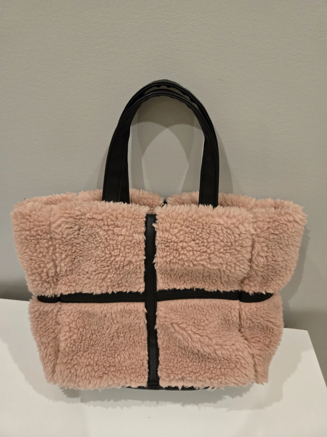 Pink Teddy Bear Fleece Tote Bag with Faux Leather Trim