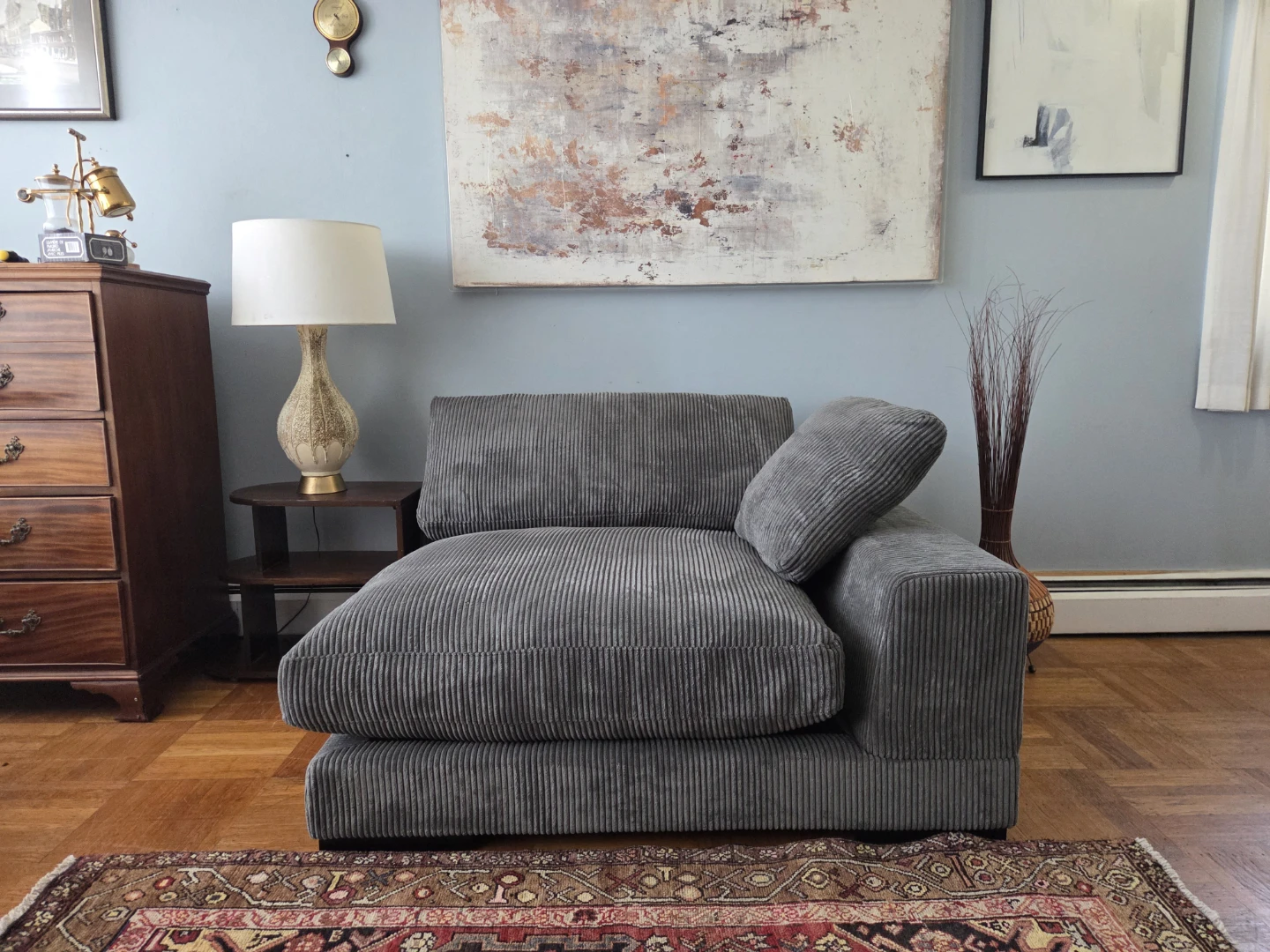 (Brand New) Moe's Gray Corduroy Plunge Corner Lounge Chair