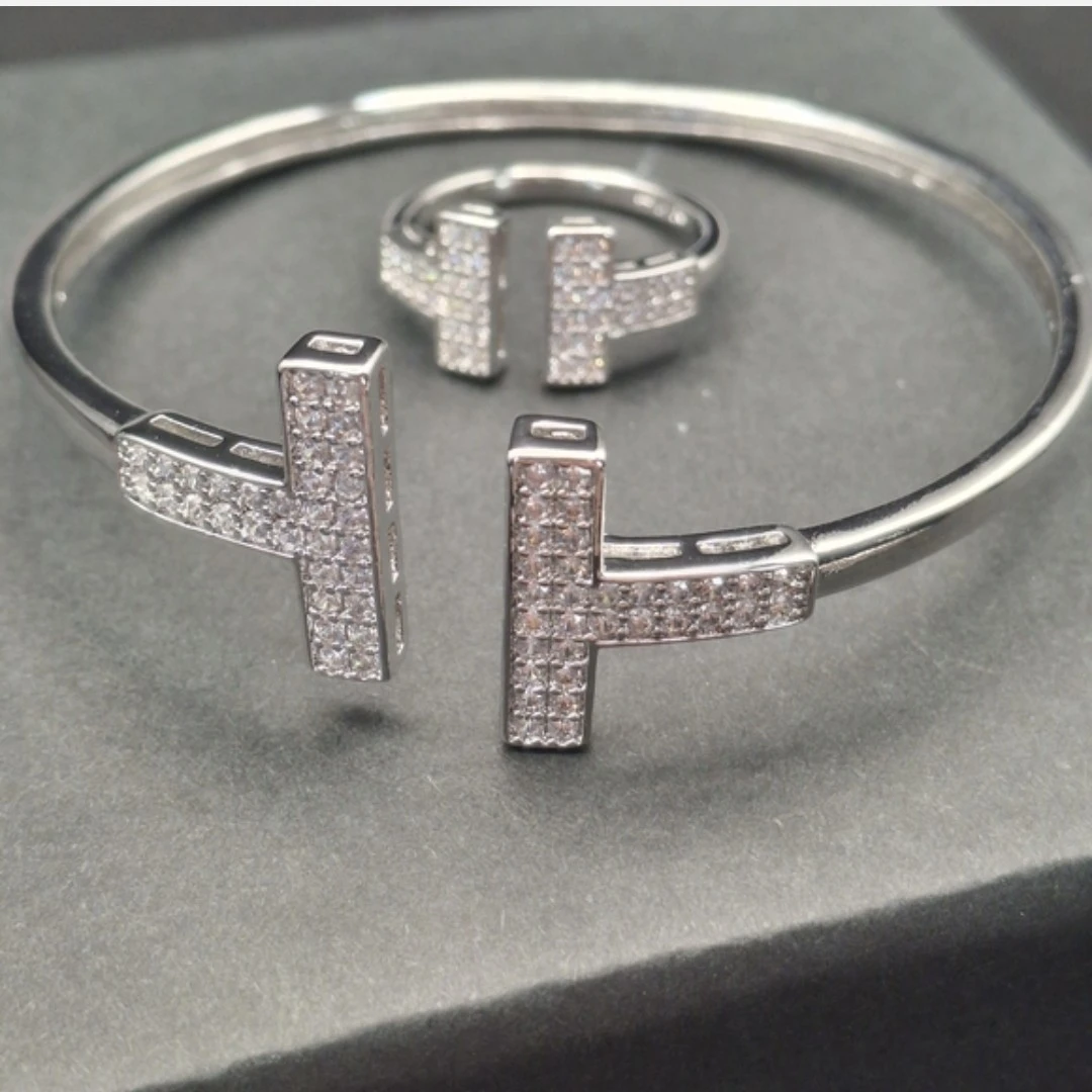 Silver T Cuff Bracelet and Ring Set with Crystals