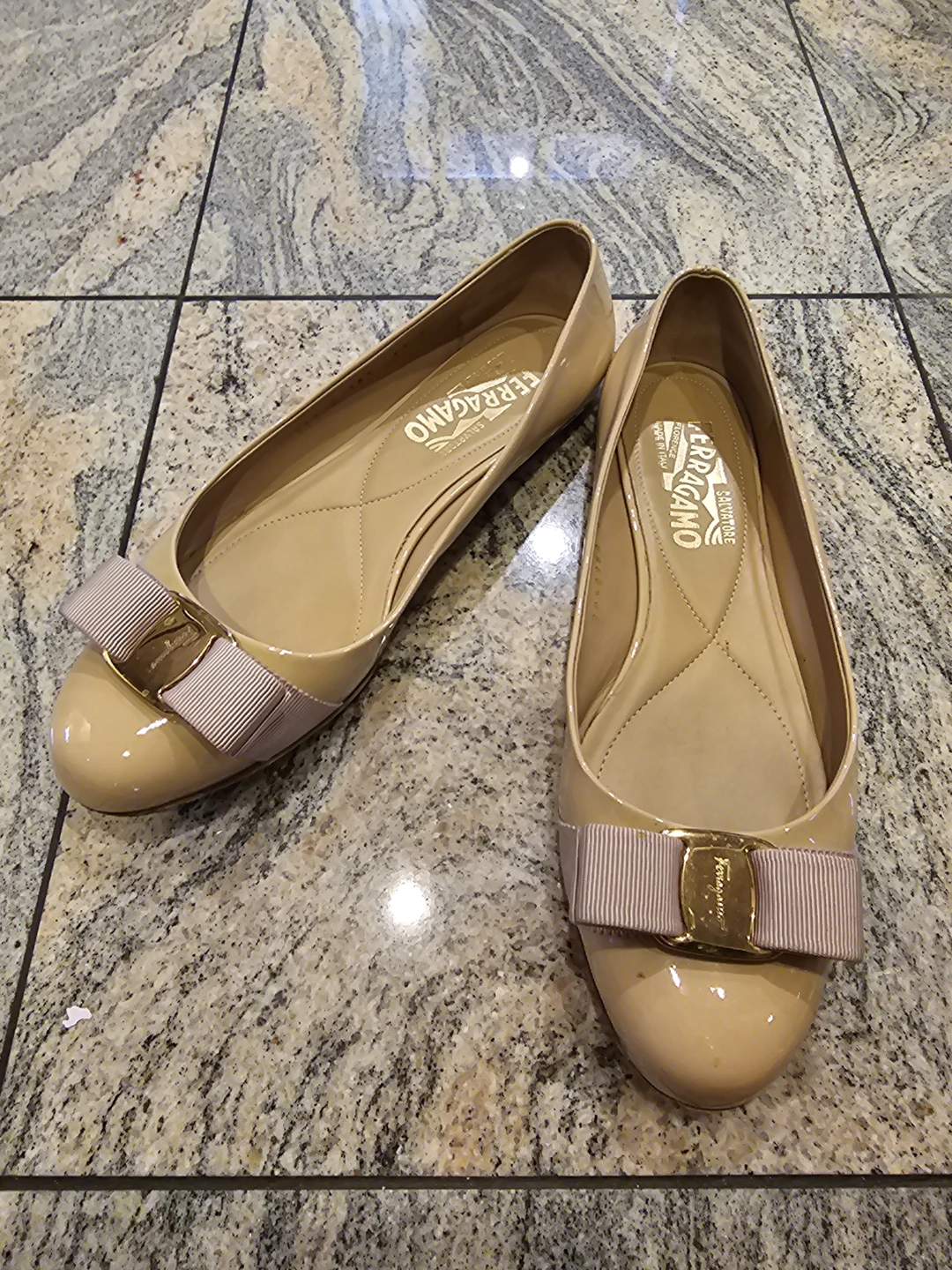 Salvatore Ferragamo Patent Leather Ballet Flats - Beige