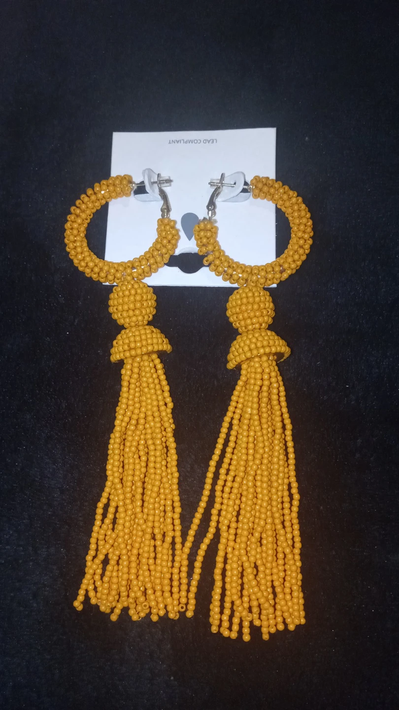Yellow Beaded Hoop Tassel Earrings