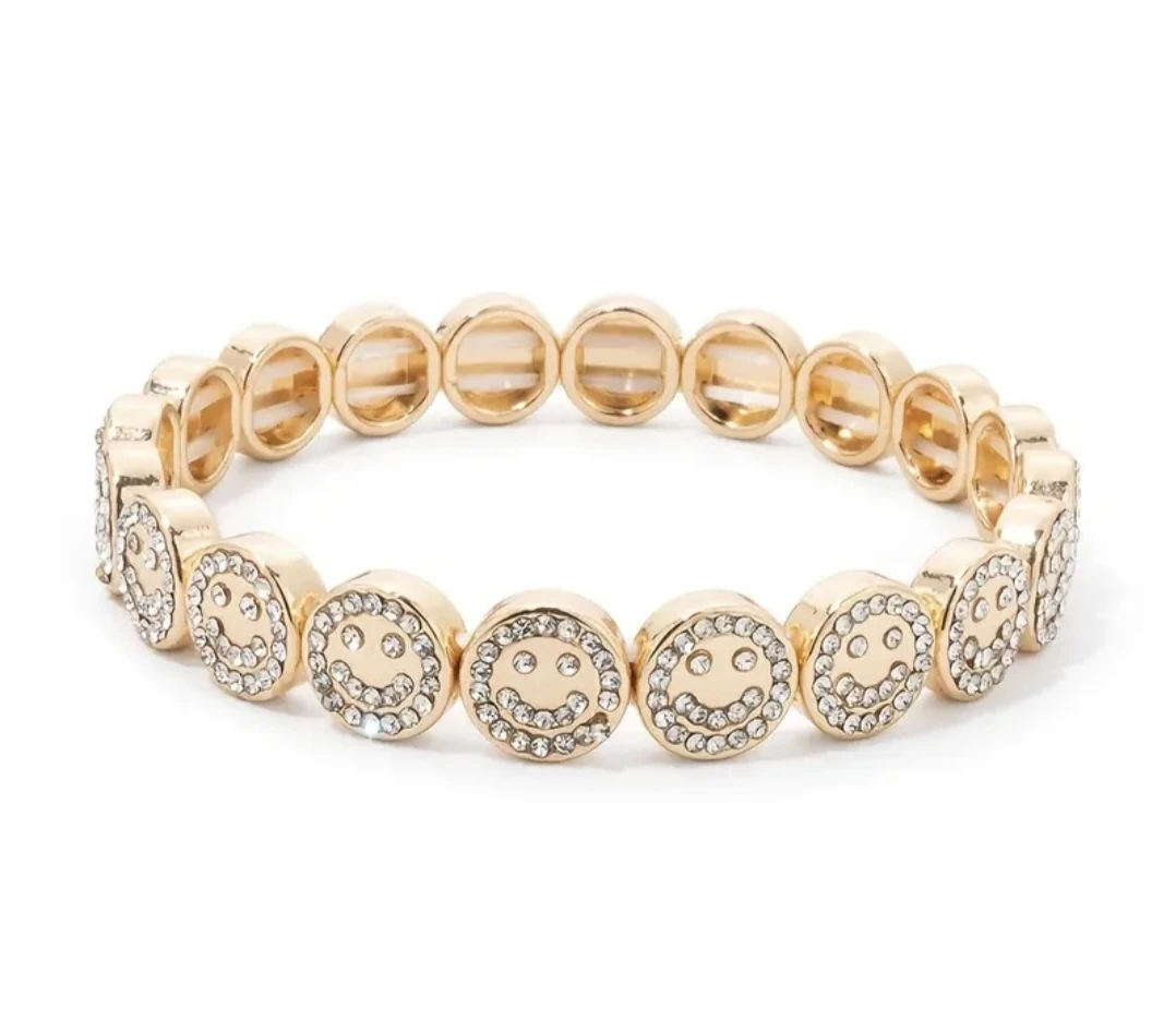 ​Happy Face Bling Stretch Bracelet - Gold Tone Cubic Zirconia