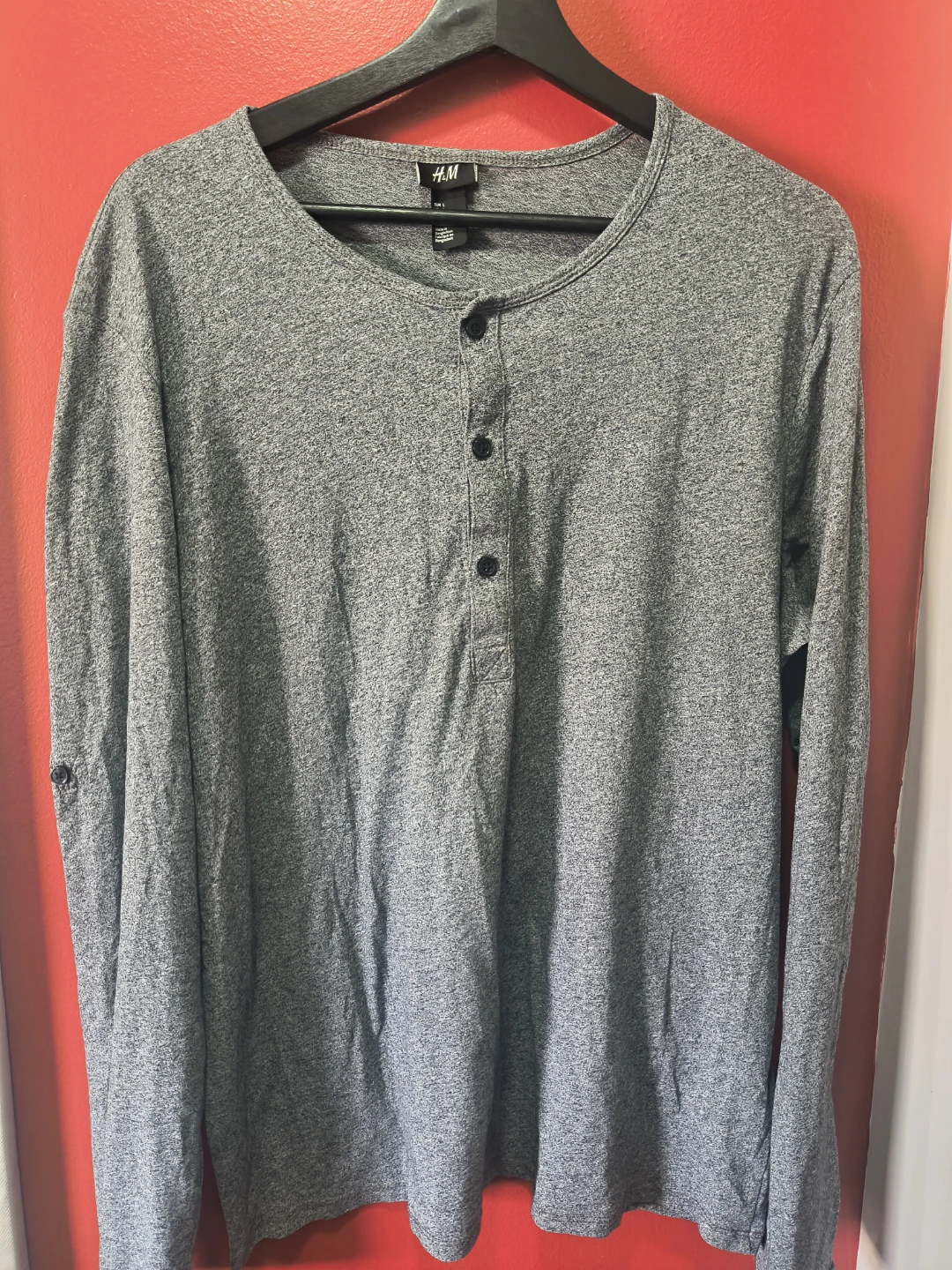 H&M Men's Grey Long Sleeve Henley Shirt Size L