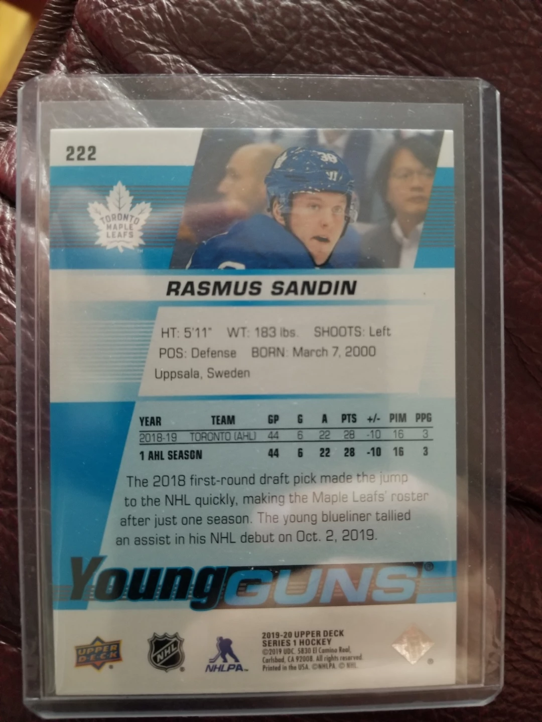 2019-20 Upper Deck Young Guns Rasmus Sandin Hockey Card - photo 2