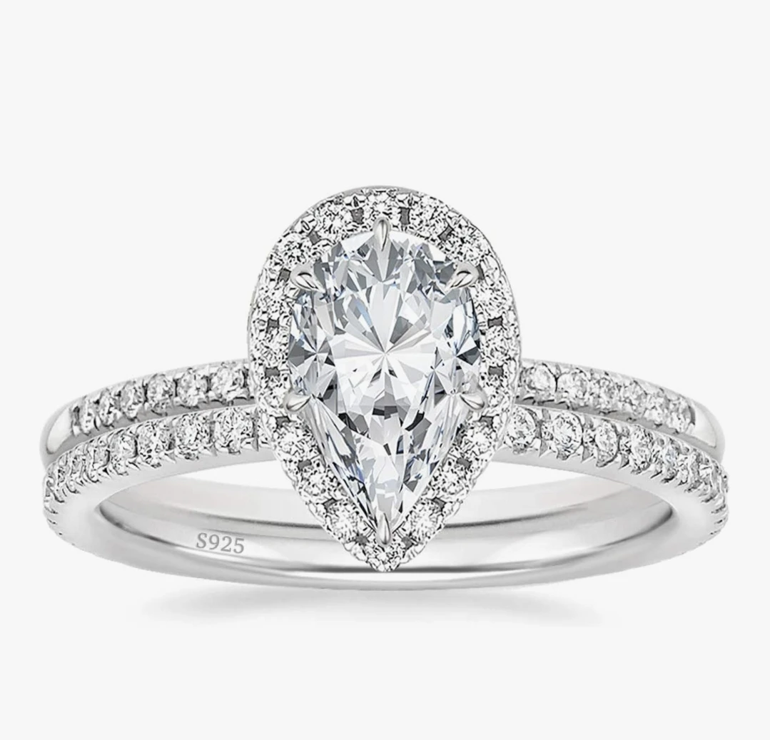 EAMTI Pear Cut Halo Engagement Wedding Ring Set