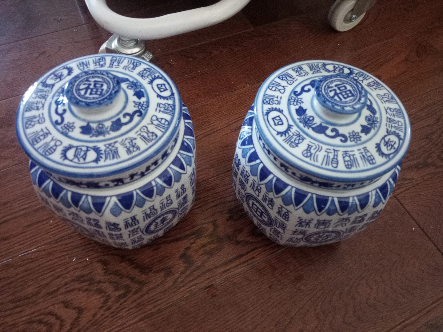 Set of 2 Blue and White Ceramic Storage Jars