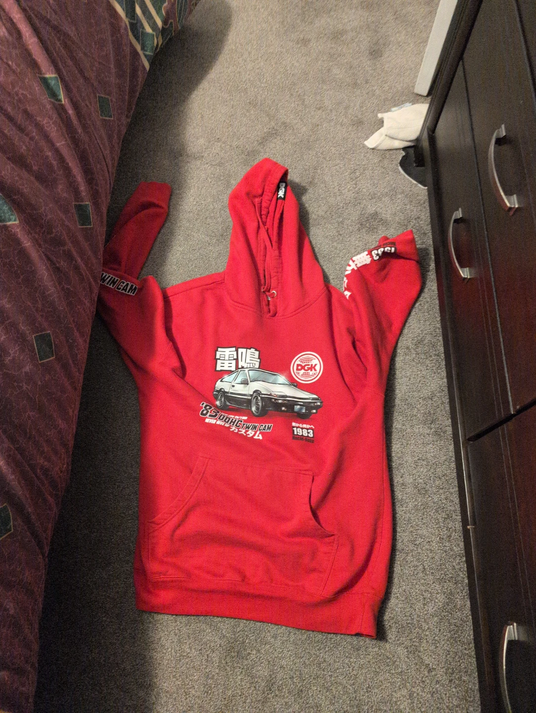 DGK Red Hoodie with '85 DOHC Twin Cam' Car Graphic