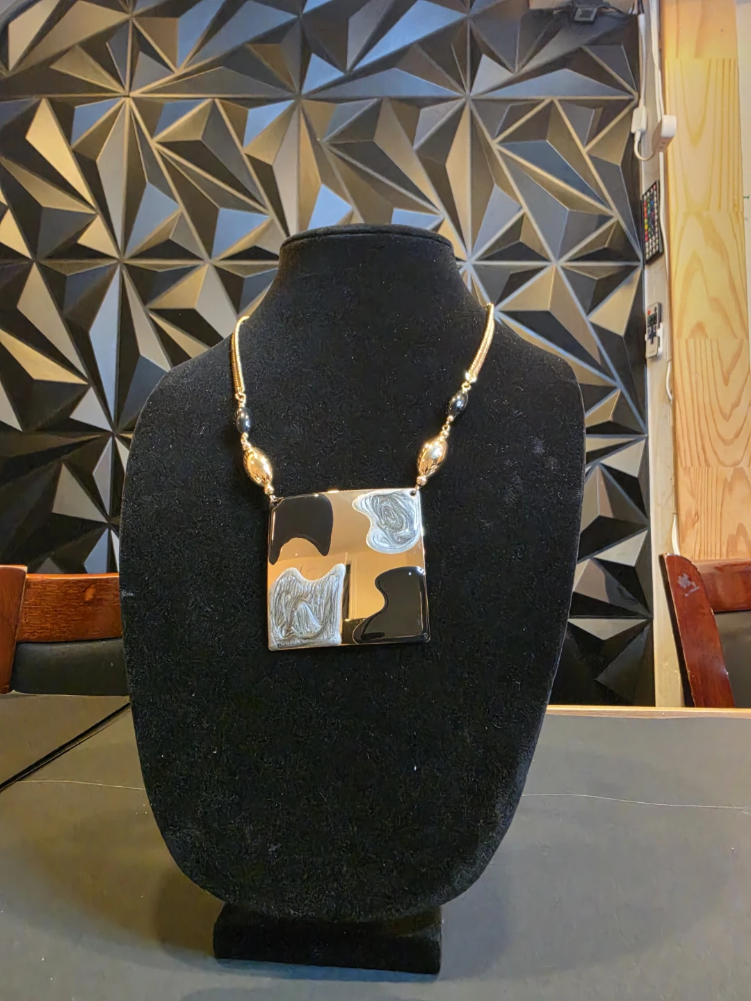 Gold Tone Statement Necklace with Black and Gold Beads