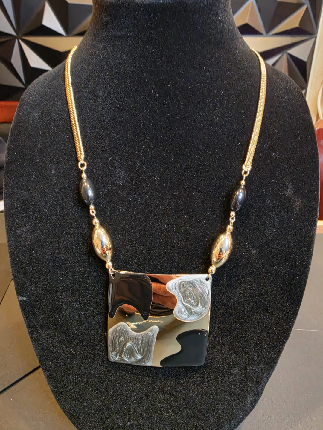 Gold Tone Statement Necklace with Black and Gold Beads - photo 4