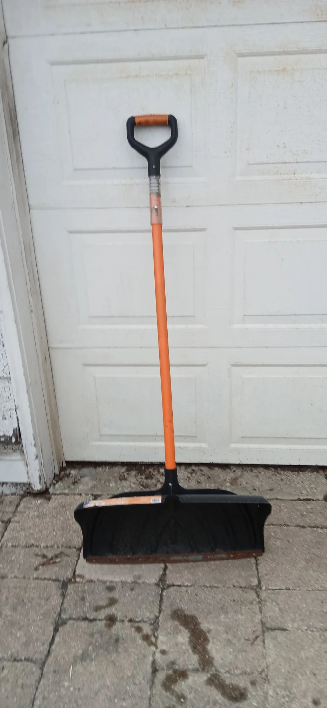 Black Plastic Snow Shovel with Orange Handle
