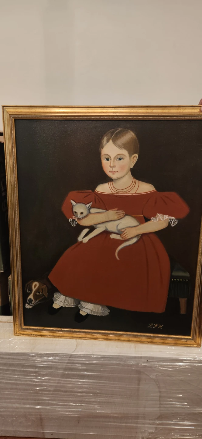 Framed Oil Painting Portrait of Girl with Cat and Dog