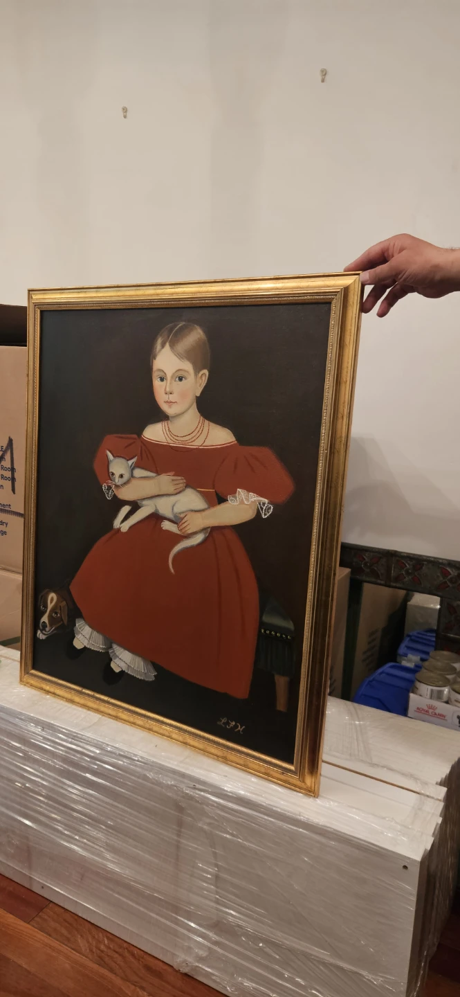 Framed Oil Painting Portrait of Girl with Cat and Dog - photo 2