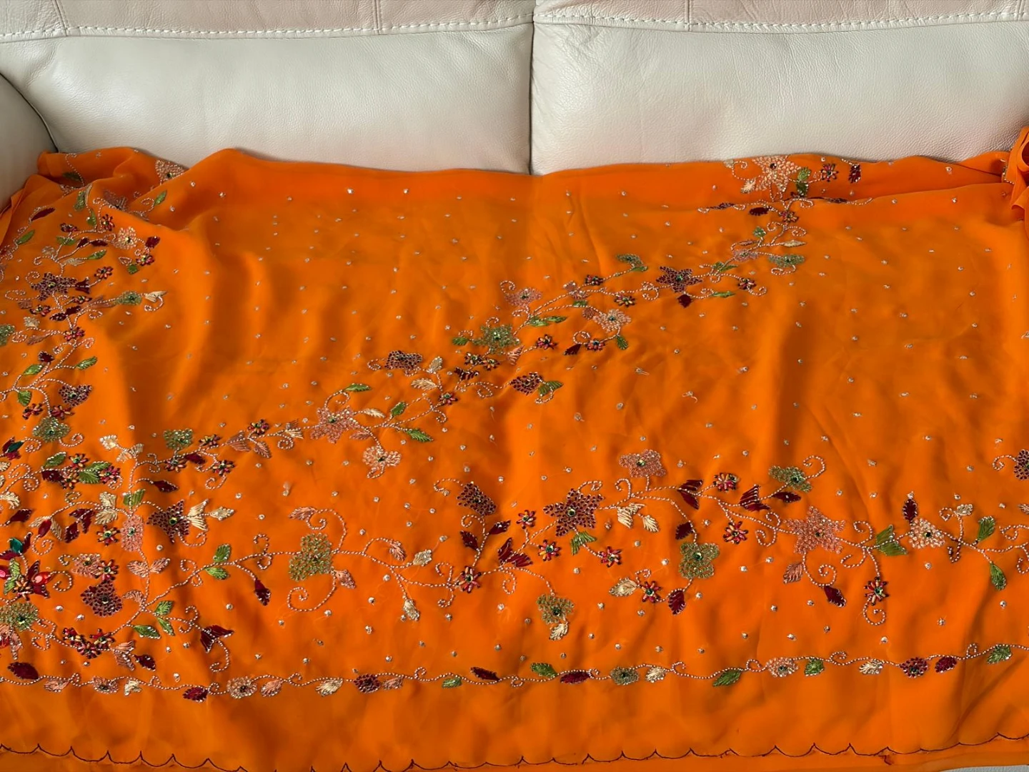 Orange Embroidered Fabric with Beads and Sequins saree