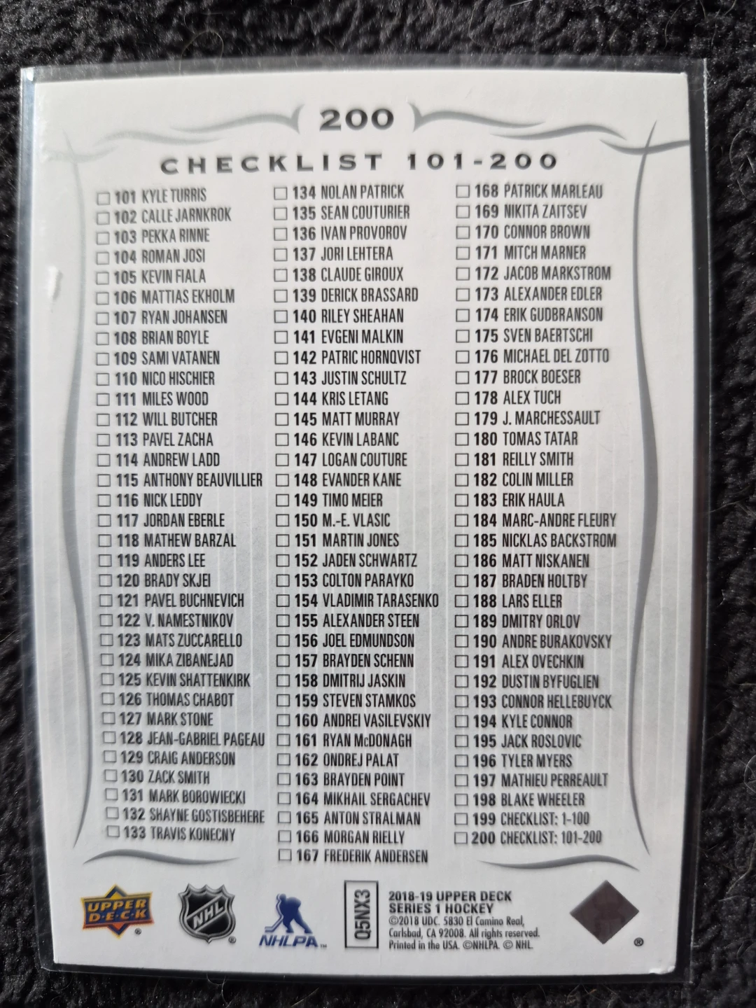 Upper Deck NHL Series 1 Hockey Checklist Card 101-200 - photo 2