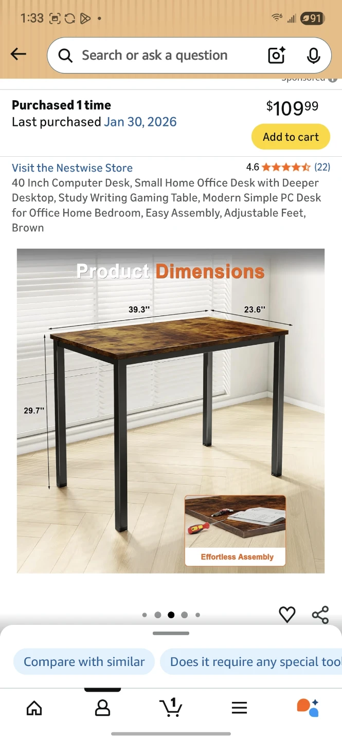 40 Inch Computer Desk - Study Writing Table - Brown