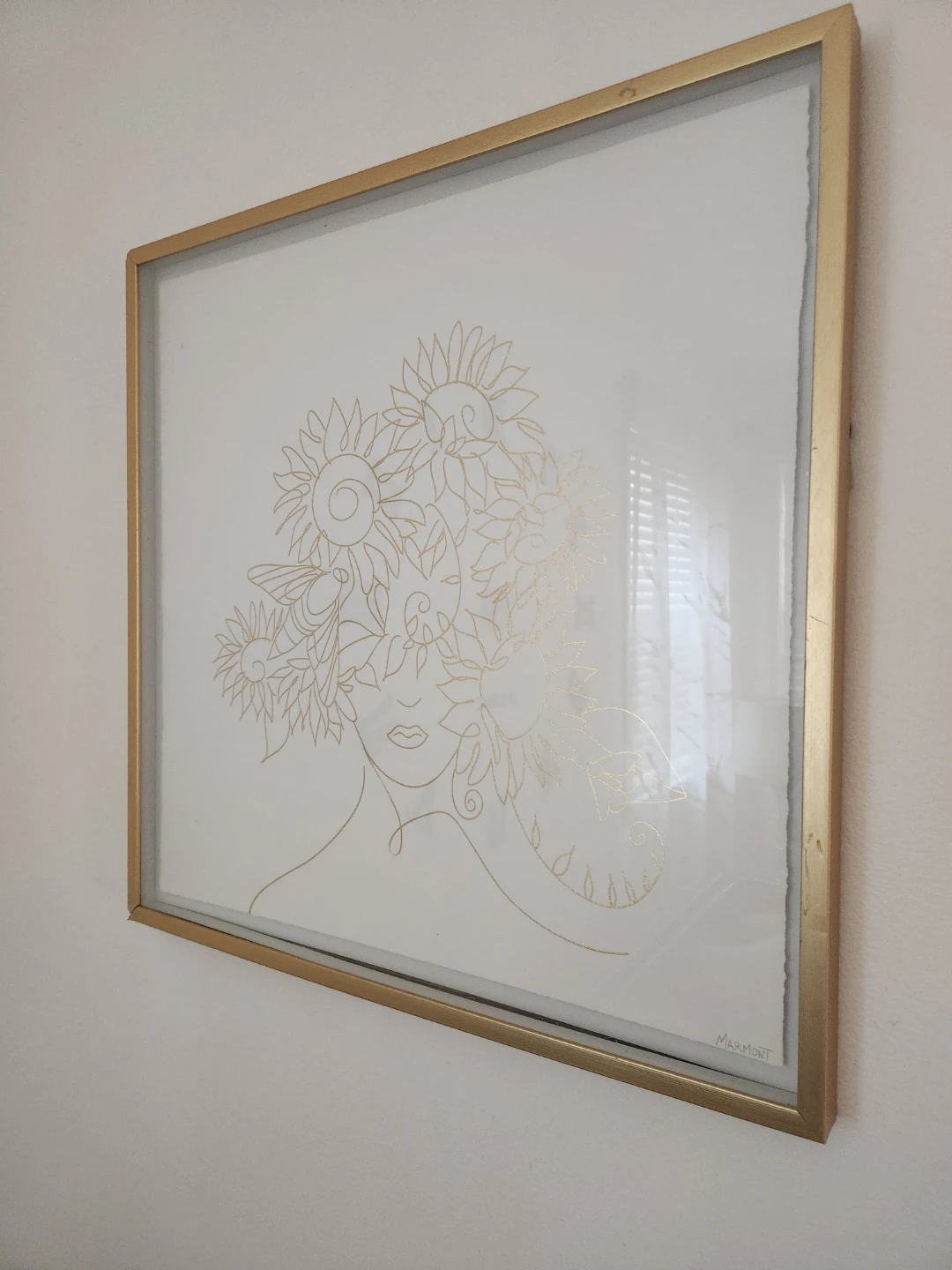 Framed Line Art Print with Sunflowers and Face