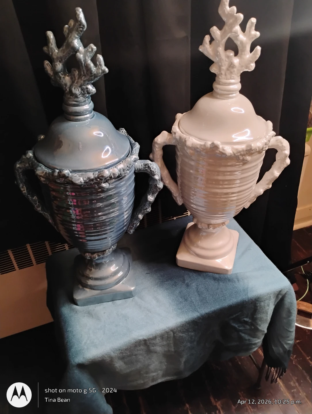 Blue Ceramic Decorative Urn with Coral Lid