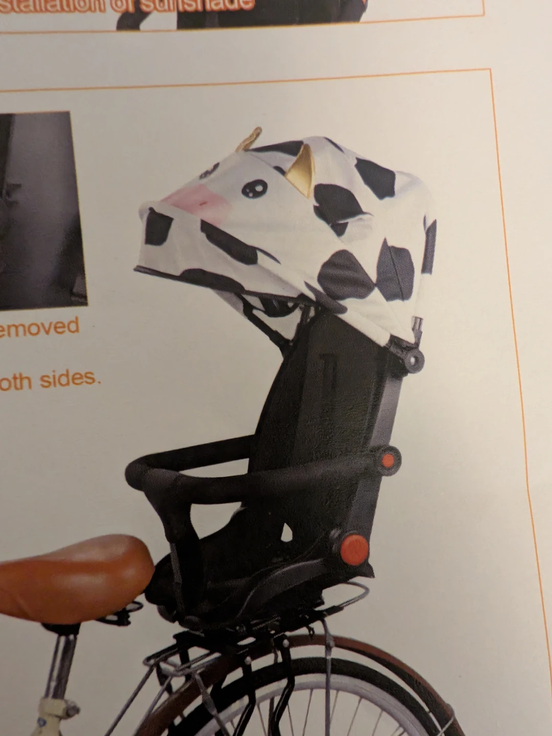 Black Bicycle Child Seat with Cow Print Sunshade