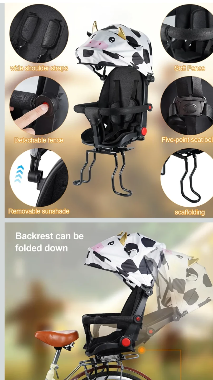 Black Bicycle Child Seat with Cow Print Sunshade - photo 4