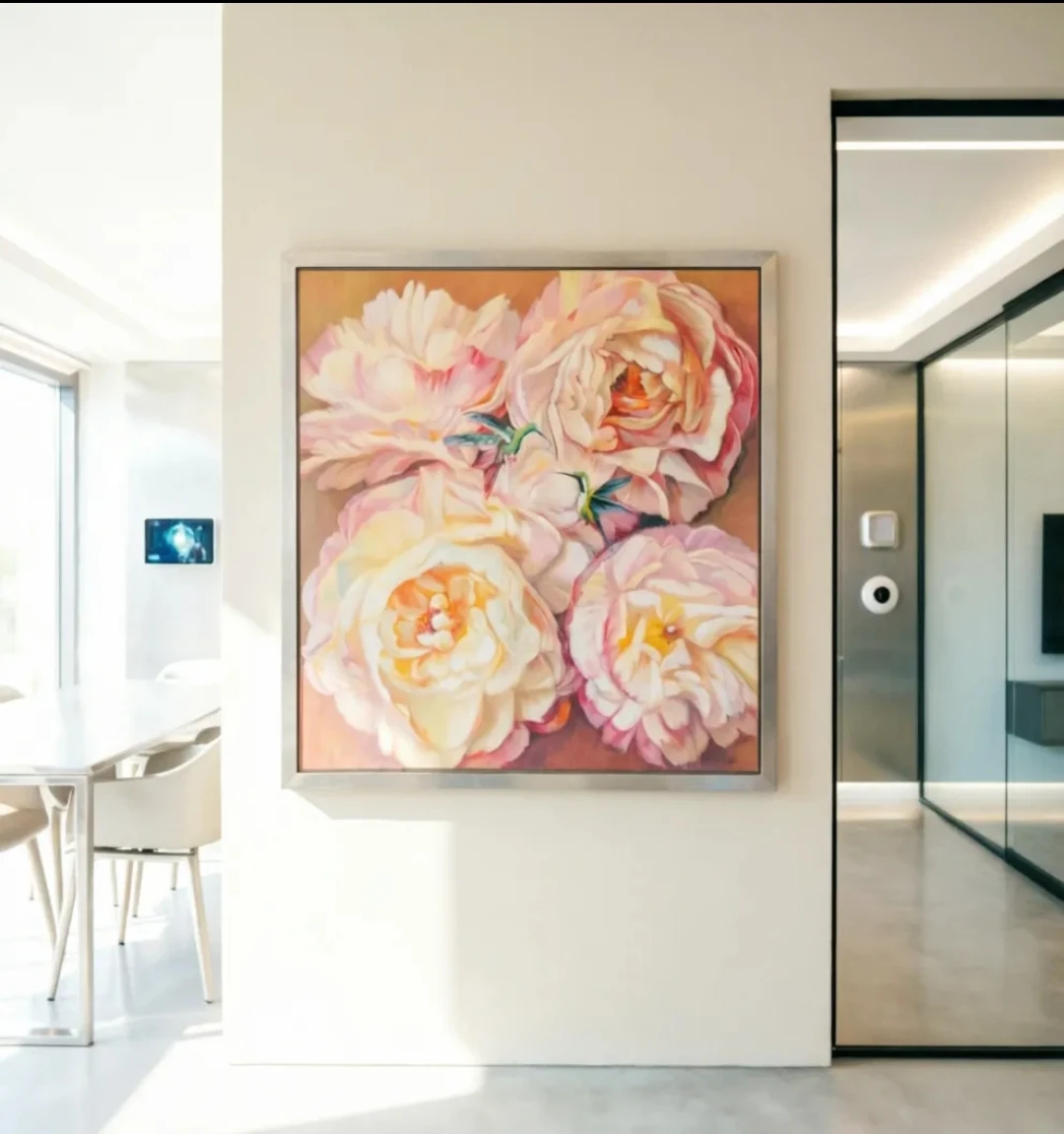 Framed Oil Painting of Peonies and Hummingbirds