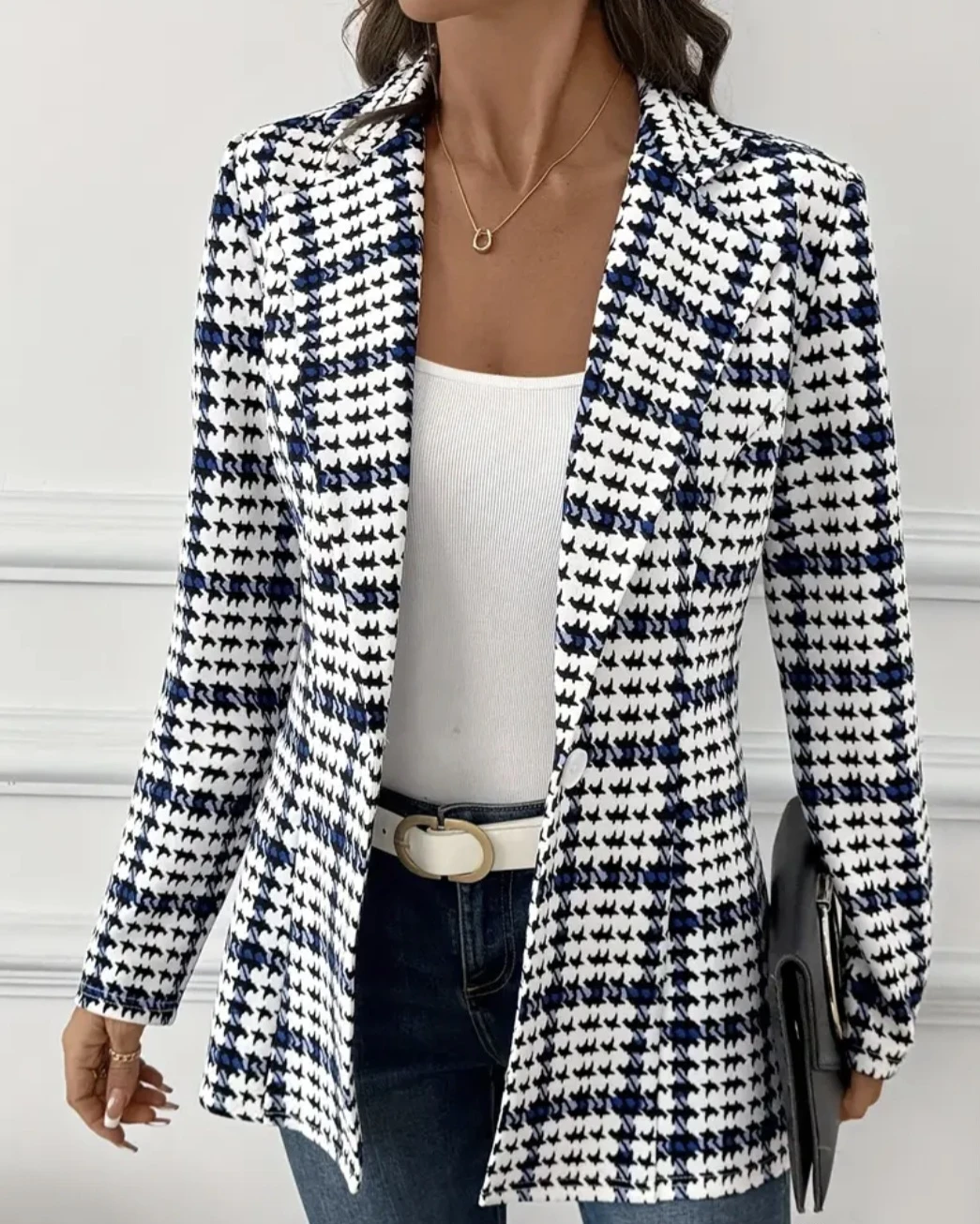 Houndstooth Blazer with Blue Accents