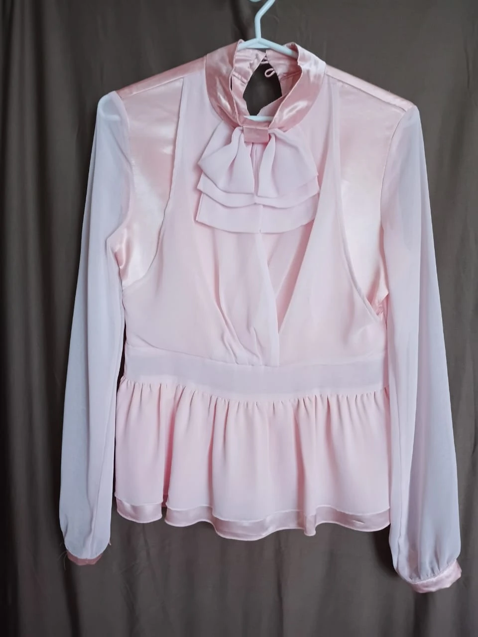 Pink Satin Peplum Blouse with Bow Detail