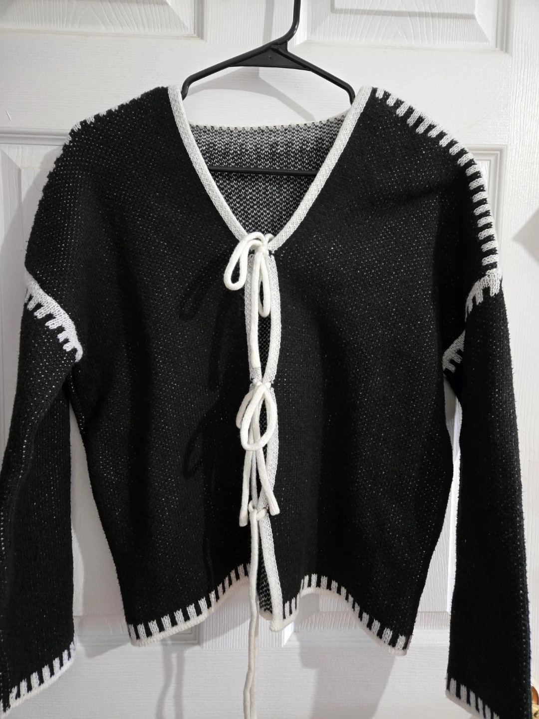 Black and White Knit Cardigan with Tie Closure