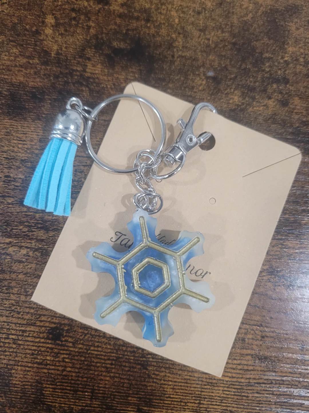 NEW Resin Keychain with Blue and Gold Swirls and Tassel
