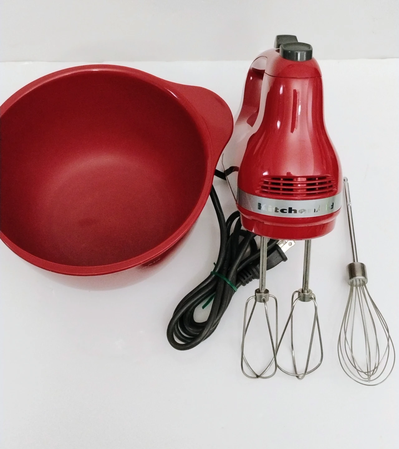 KitchenAid Red Hand Mixer with Bowl and Attachments use - photo 5