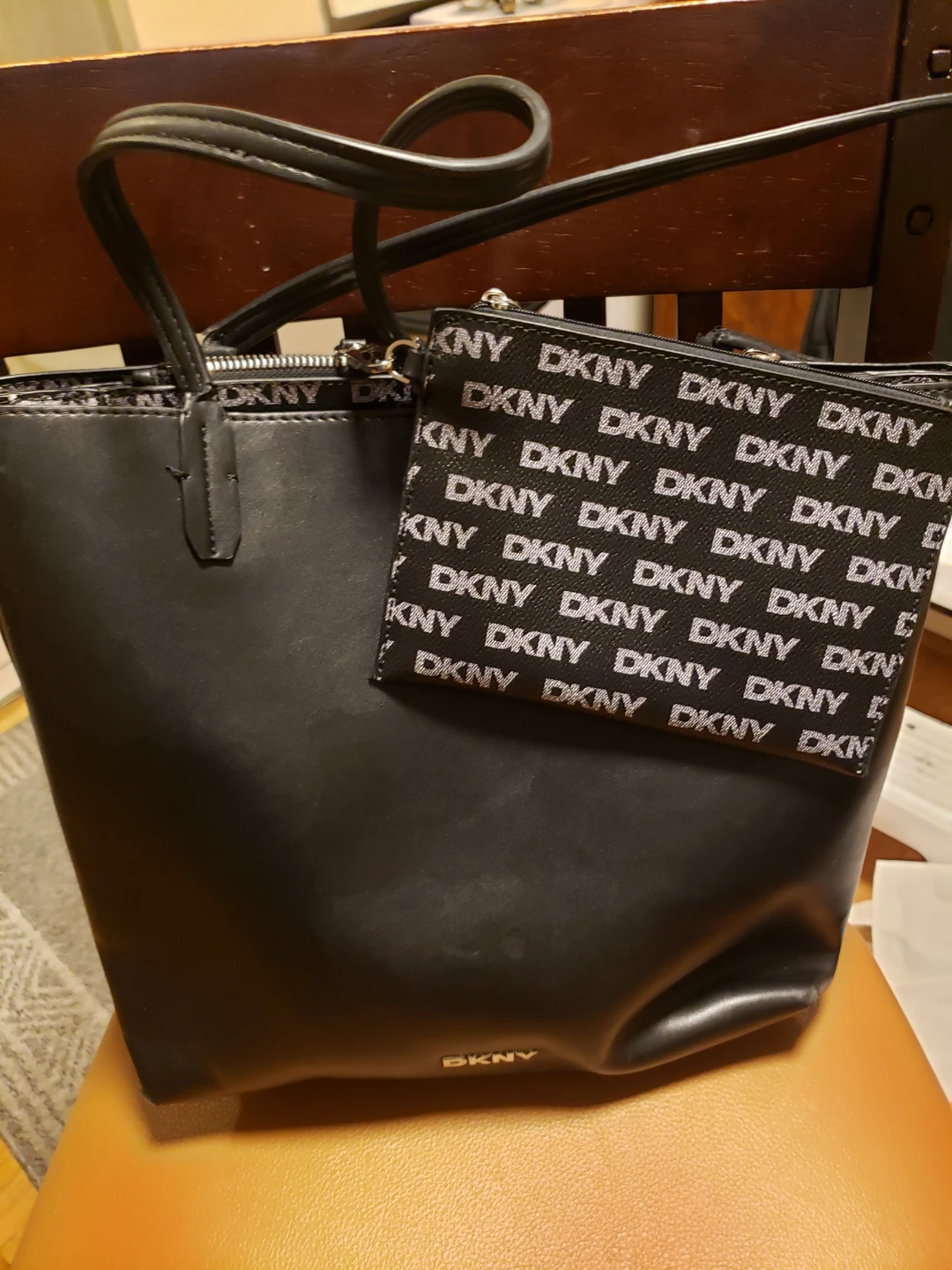 DKNY Black Leather Tote Bag with Matching Pouch - photo 2