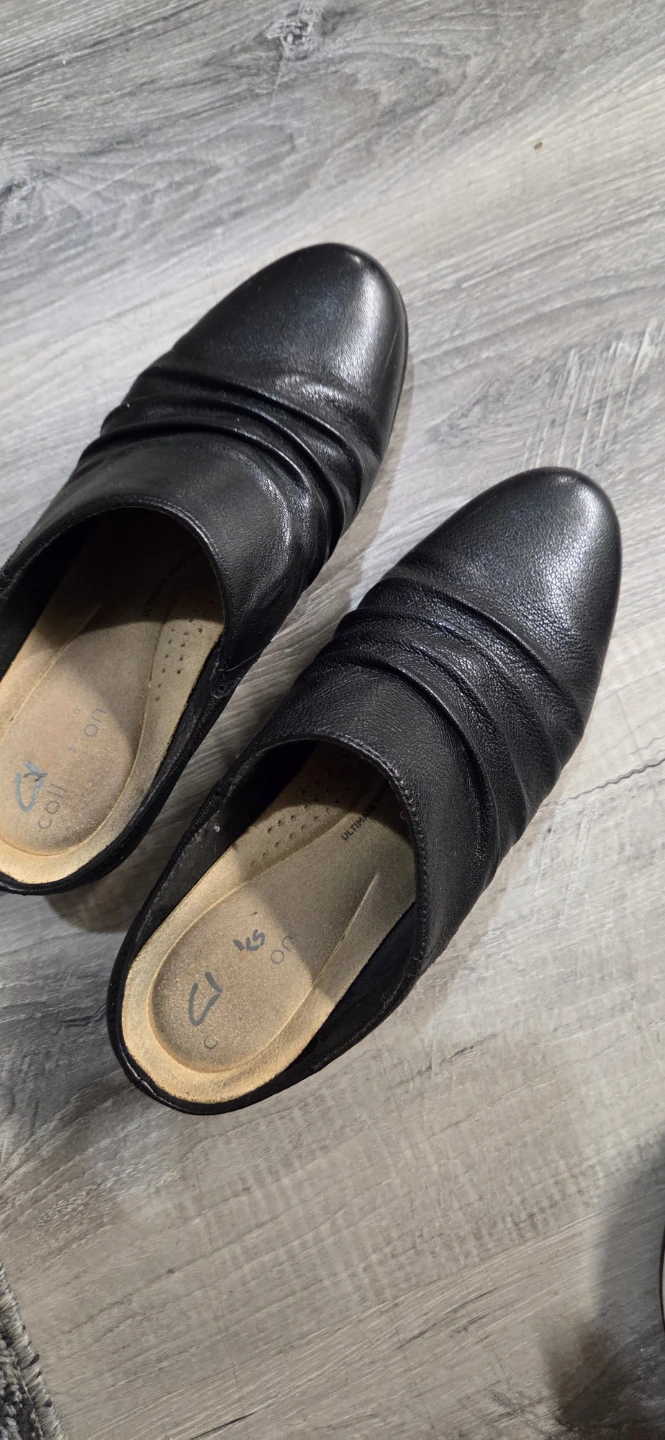 Clarks Black Leather Ruched Mule Heels, Size-6 - photo 4