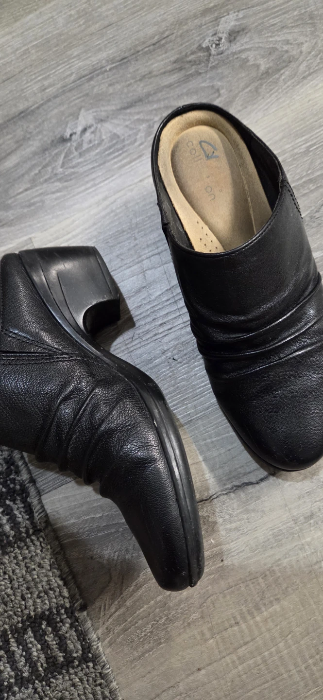 Clarks Black Leather Ruched Mule Heels, Size-6 - photo 5