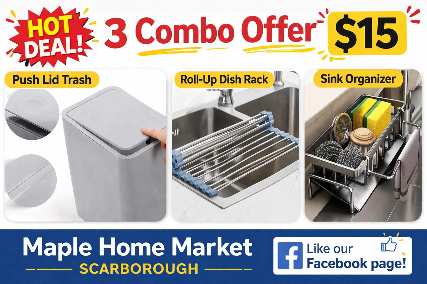 3 Piece Kitchen Combo: Trash Can, Dish Rack & Sink Organizer