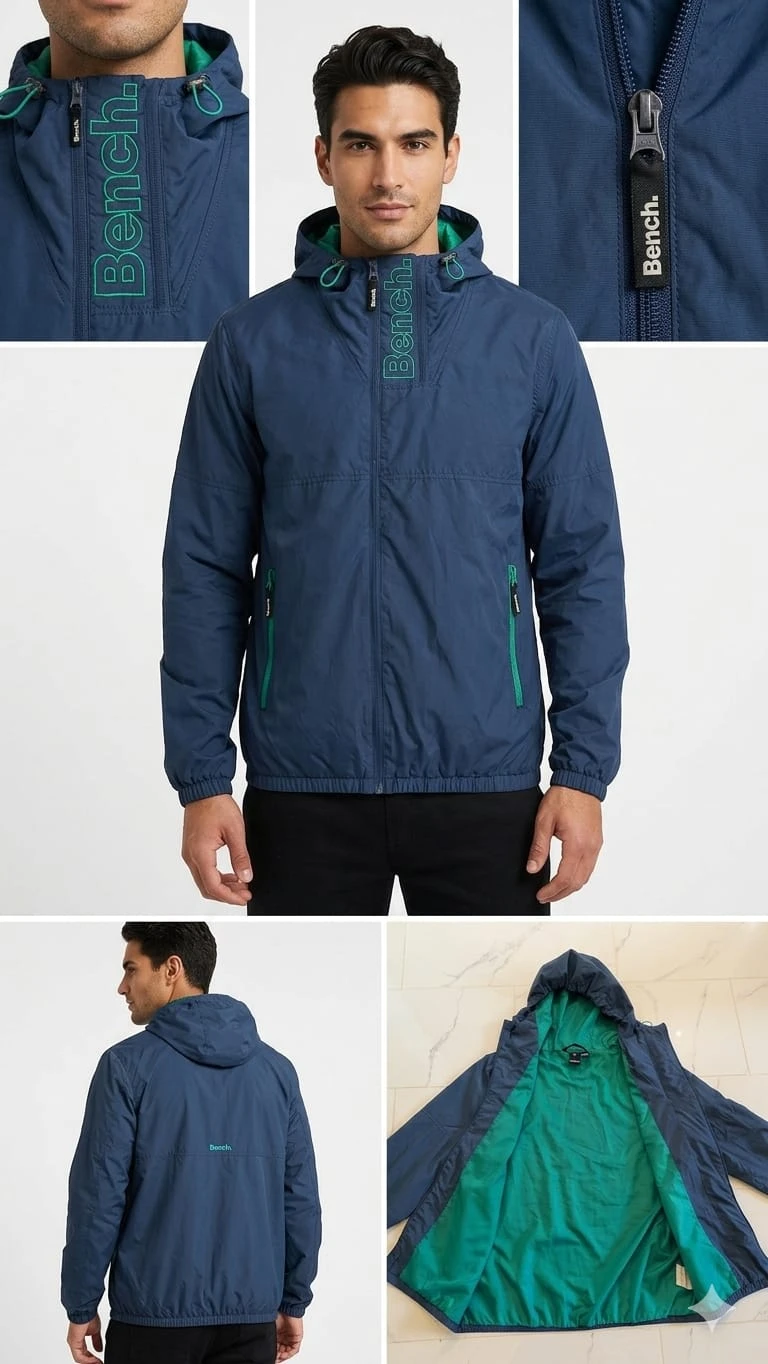 Bench hooded spring jacket navy blue green Large