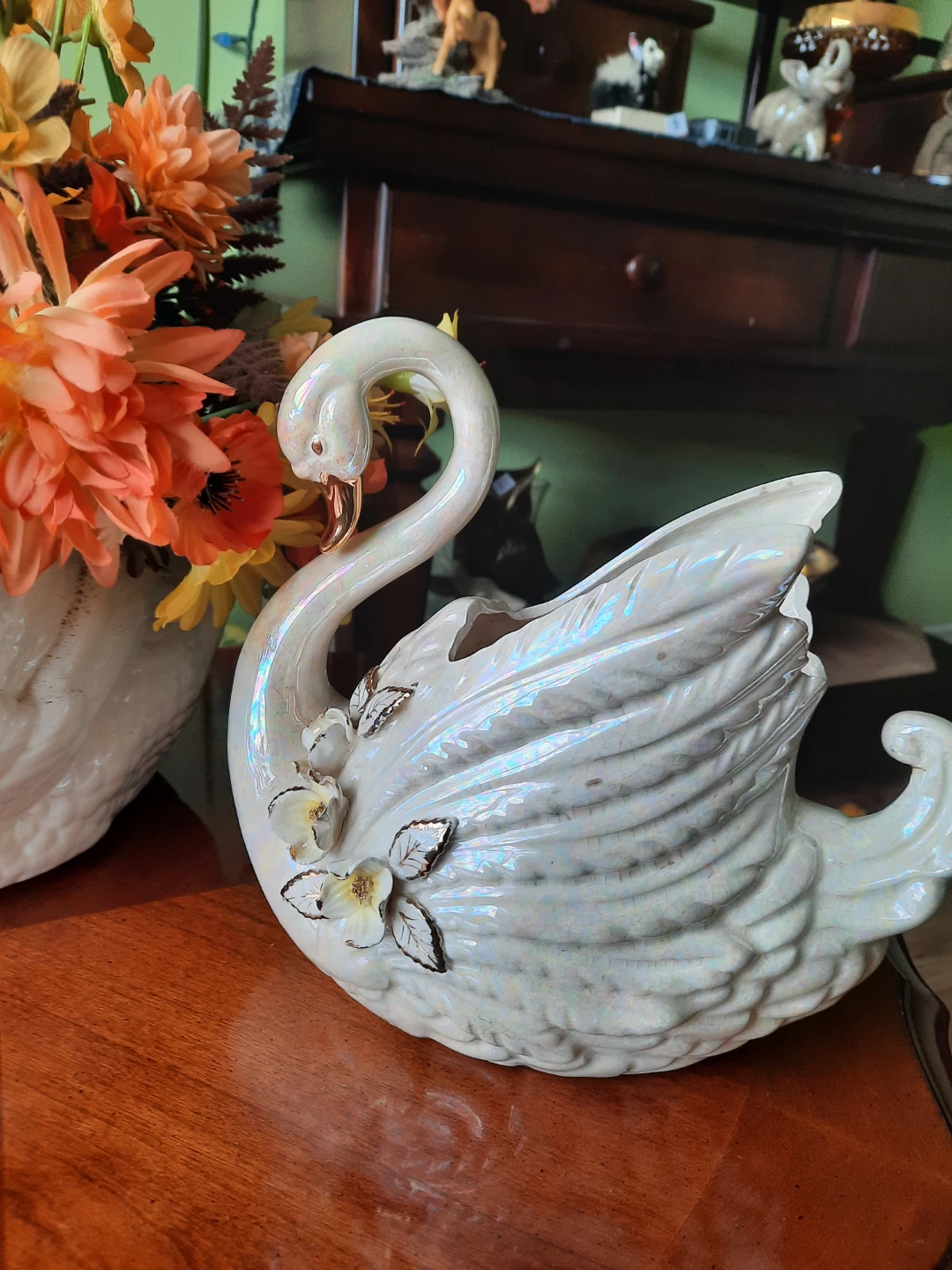 Pair of Ceramic Swan Vases with Faux Flowers - photo 5