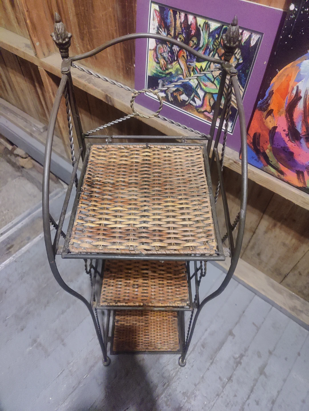 Wicker and Metal Tiered Shelf Stand