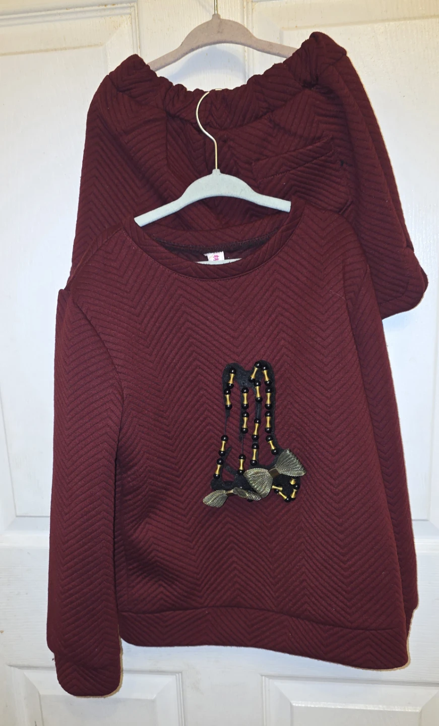 Maroon Quilted Sweatshirt and Shorts Set with Embellishment