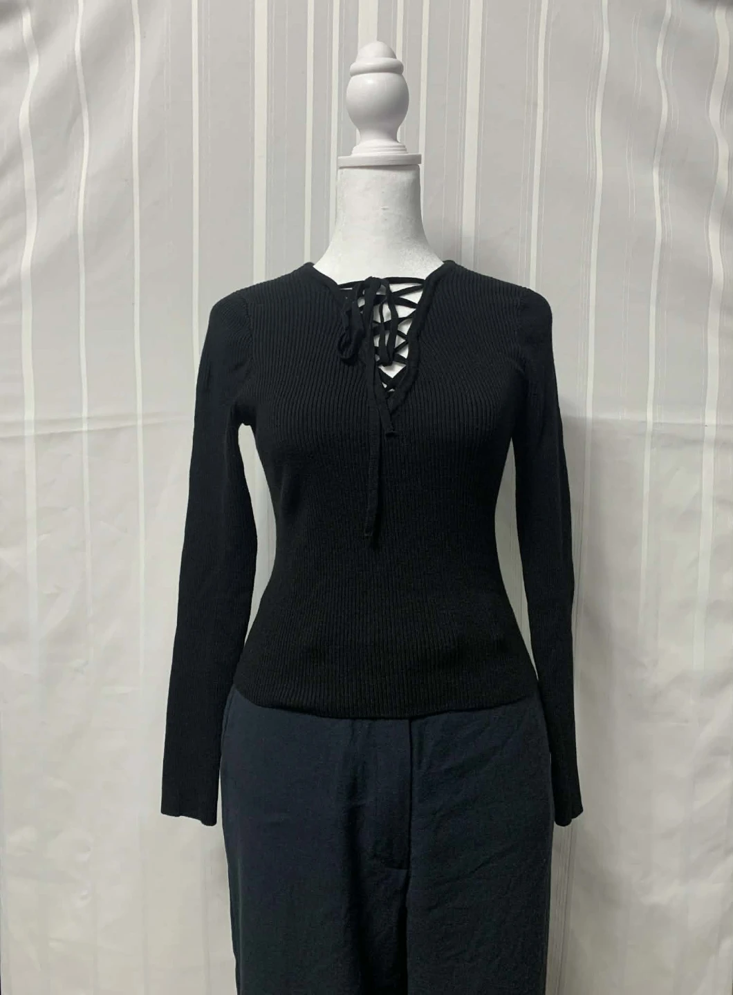 H&M Divided Black Ribbed Lace-Up Sweater - Size M