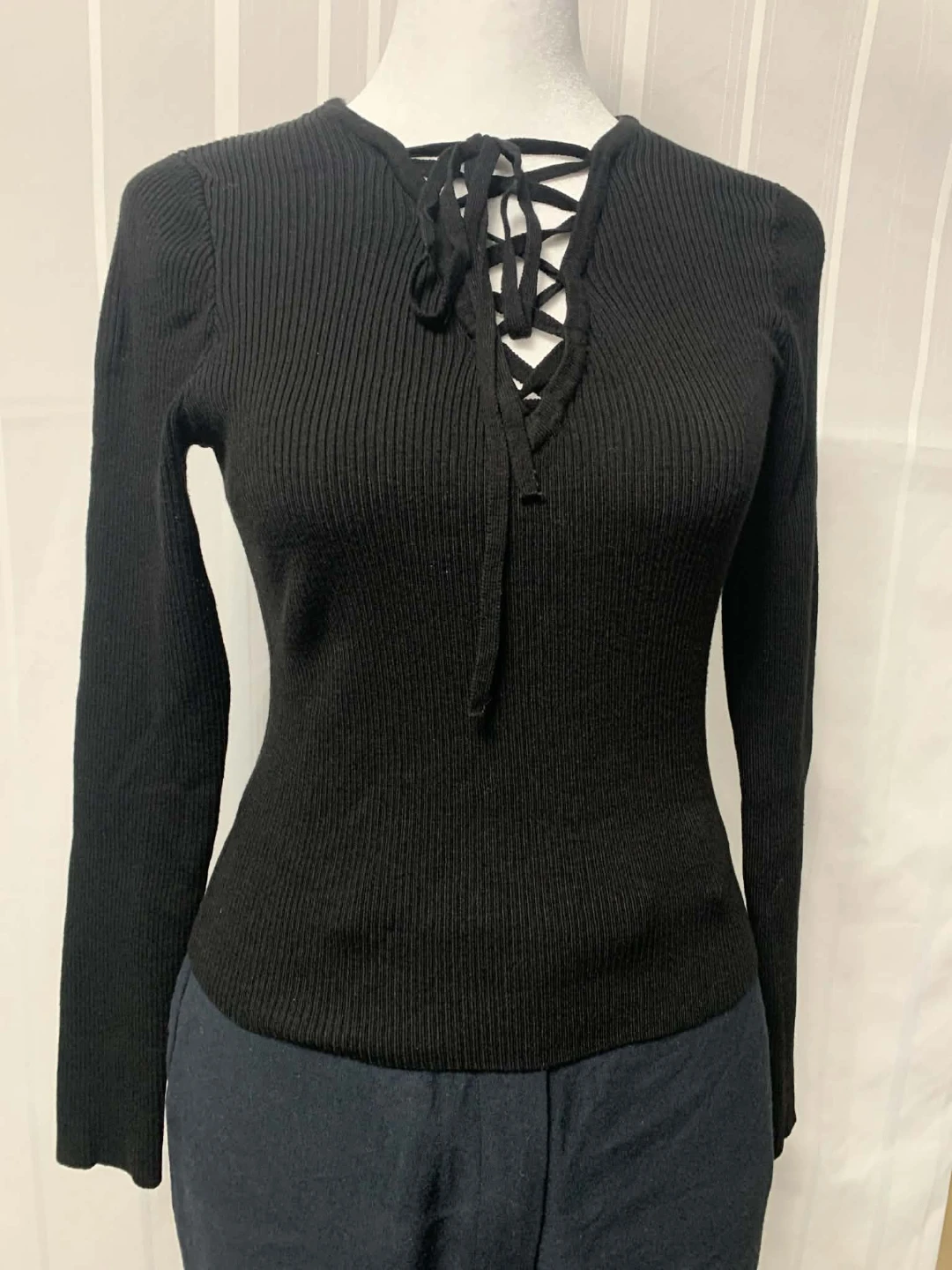 H&M Divided Black Ribbed Lace-Up Sweater - Size M - photo 2