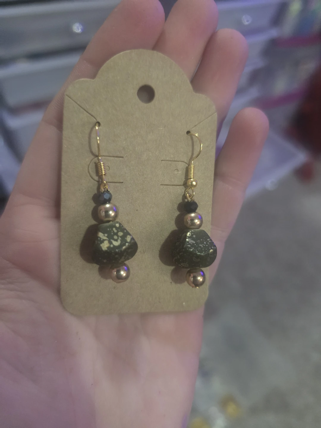Handmade green and Gold Bead Dangle Earrings