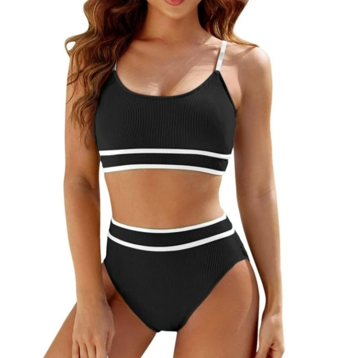 Black and White Striped Bikini Swimsuit - Size XL