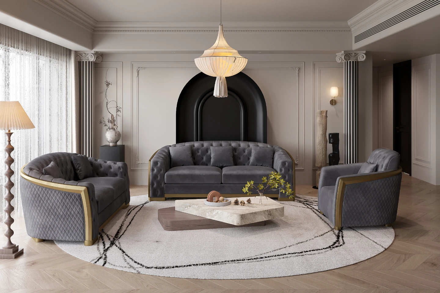 3-Piece Velvet Living Room Set With Gold Accent Stainless Steel