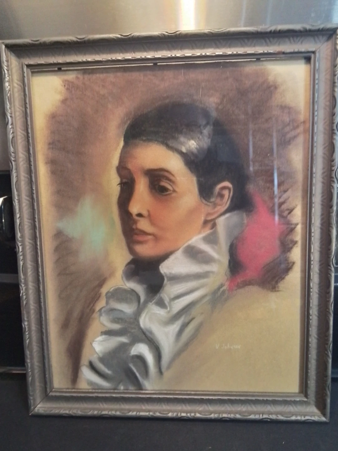 "Latin Lady" in an Art Deco style Pastel Painting by V. Johnson