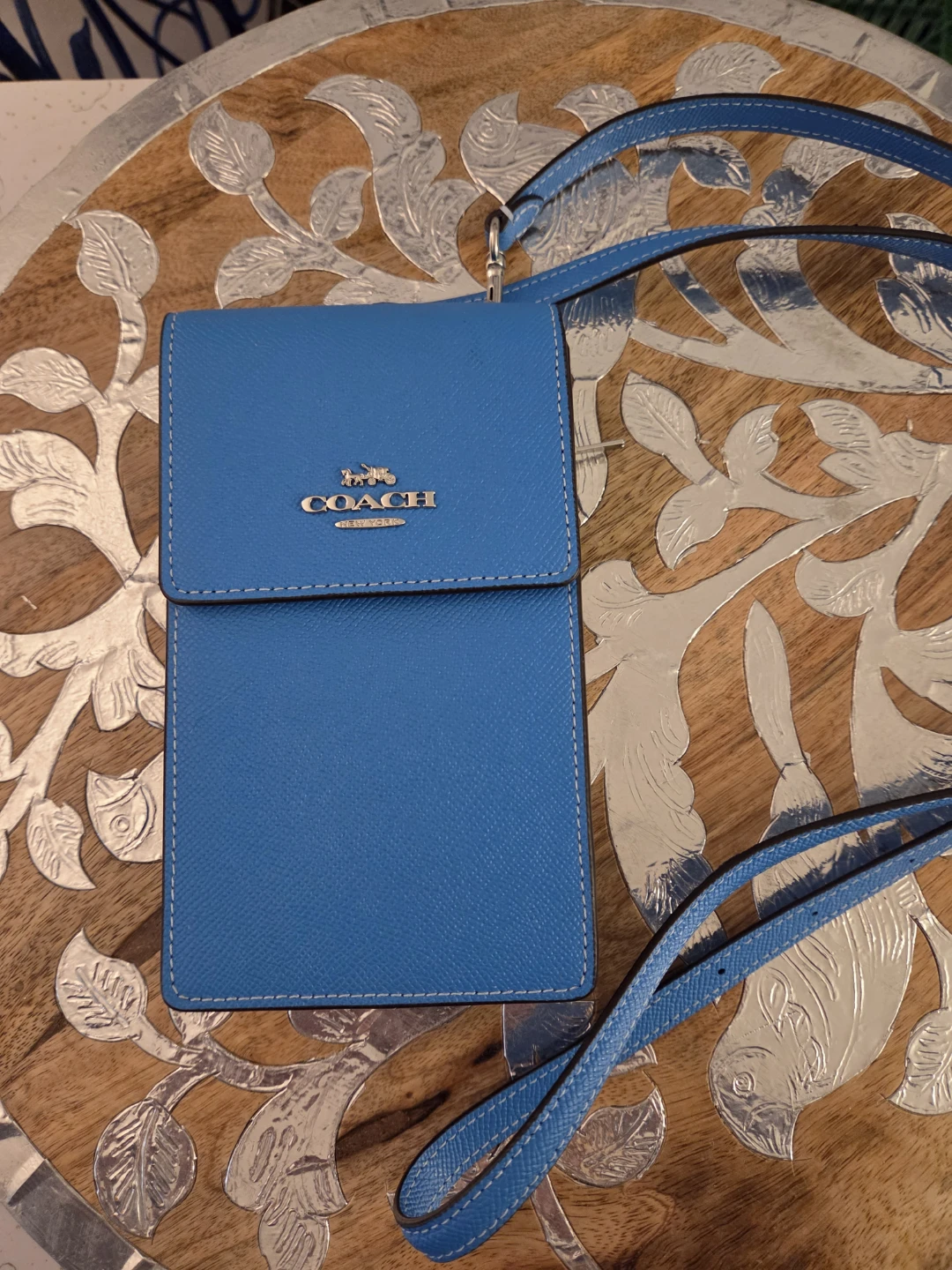 Coach Blue Leather North/South Phone Crossbody Bag
