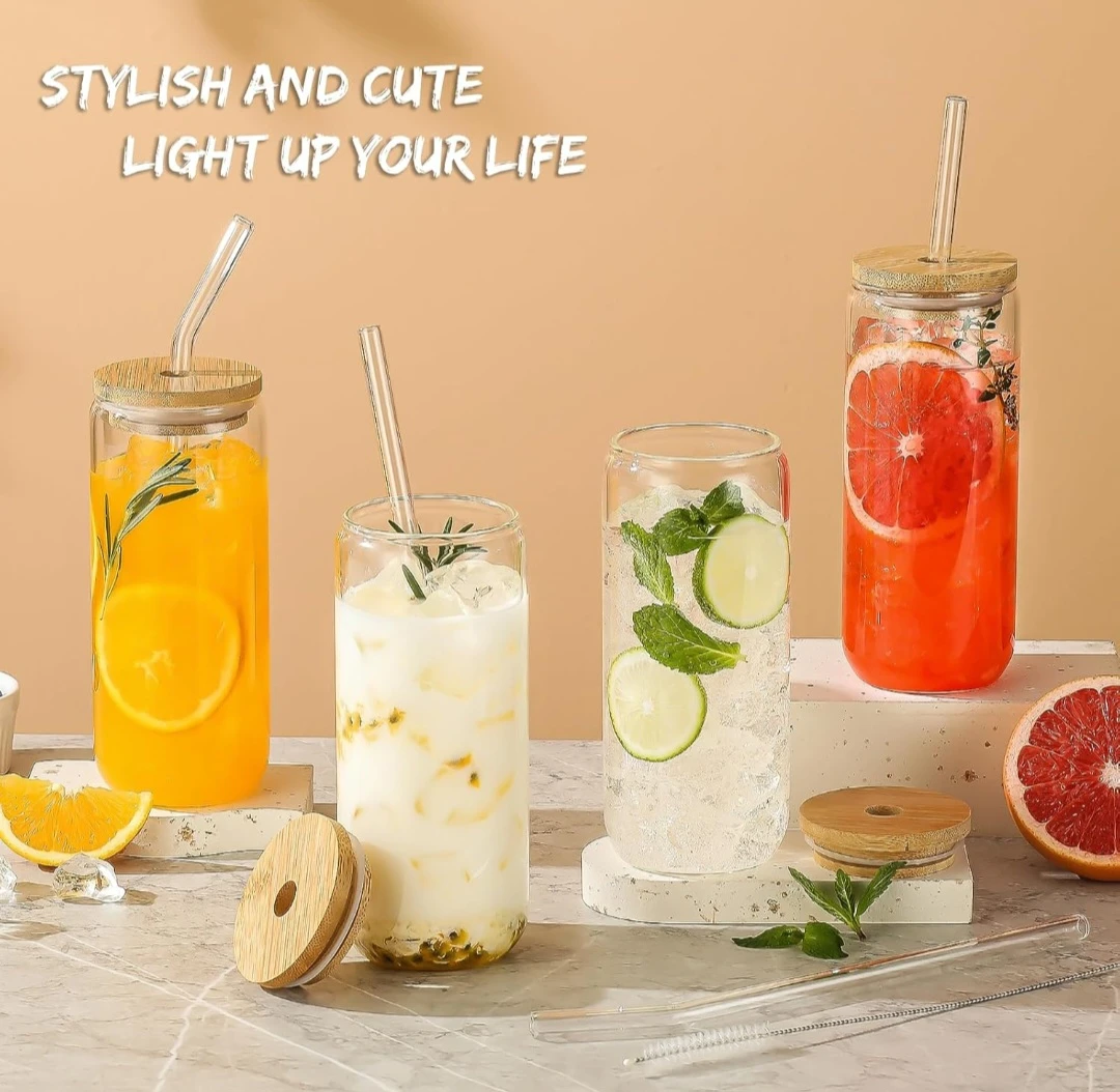 8-Piece 20 oz Glass Tumbler Set with Bamboo Lids and Straws - photo 3